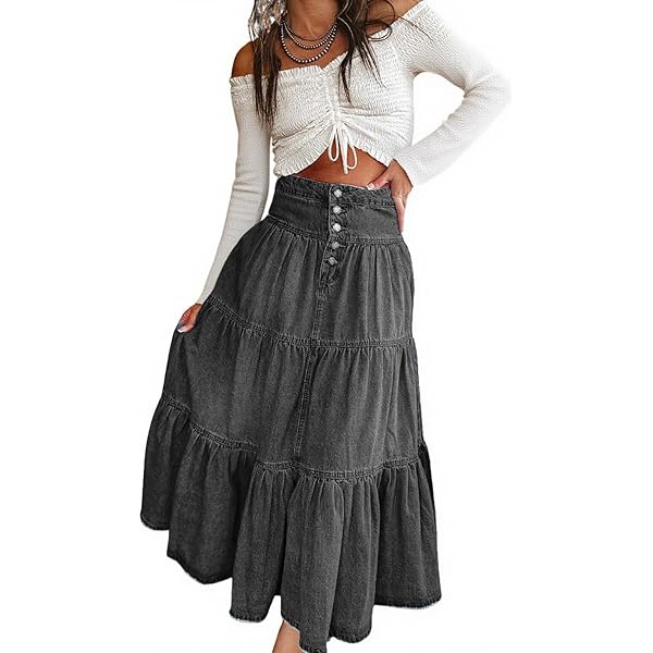 CNPOLOOK Women's Ruffle Flowy A-Line Denim Skirt Button-Fly